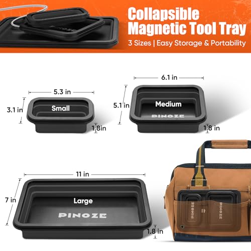 Image of PINOZE Collapsible Magnetic Parts Organizer Trays & 12 inch Flexible Magnetic Pickup Tool, 3 Different Size Magnet Tool Trays & Pick-Up Sweeper for Screw, Bolts, Nuts, Washers, Pins and Metal Parts, Black