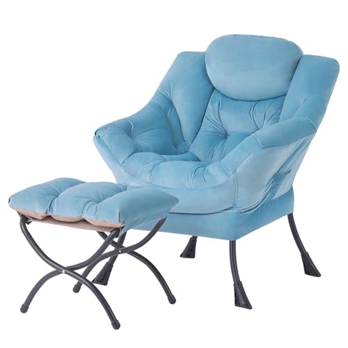 Image of Tiita Lazy Chair with Ottoman, Blue Chiars Modern Large Accent Armchair, Comfy Leisure Sofa Reading Chair with Footrest for Bedroom, Living Room, Dorm Rooms, Garden, Velvet Light Blue