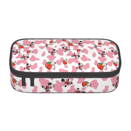 Image of Pink Strawberry Cows Print Large Pencil Case, Pencil Pouch With Zipper Compartments Stationery Pencil Bag For Kids Teens Students School Supplies