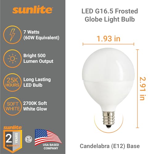 Sunlite 40299-SU G16.5 Light Bulb Led, 7 Watts (60W Equiv.), 500 Lumens, Dimmable, Type G Globe Shape E12 Candelabra Base thumb #1