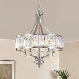 ZXFDWB 20' Brushed Nickel Crystal Chandelier,5-Light Modern Dining Room Light Fixture Over Table Adjustable Height Hanging Industrial Pendant Lights Kitchen Island,Living Room Kitchen Island Entryway