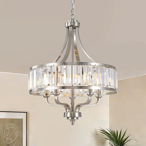 ZXFDWB 20" Brushed Nickel Crystal Chandelier,5-Light Modern Dining Room Light Fixture Over Table Adjustable Height Hanging Industrial Pendant Lights Kitchen Island,Living Room Kitchen Island Entryway