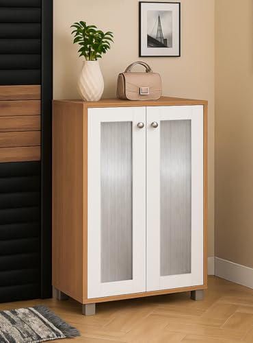 Image of 2-Door Engineered Wood Shoe Rack, 4-Tier Wooden Shoe Rack for Entryway, Shoe Storage Cabinet with Doors Adjustable Shelves, Wooden Shoes Rack Organizer