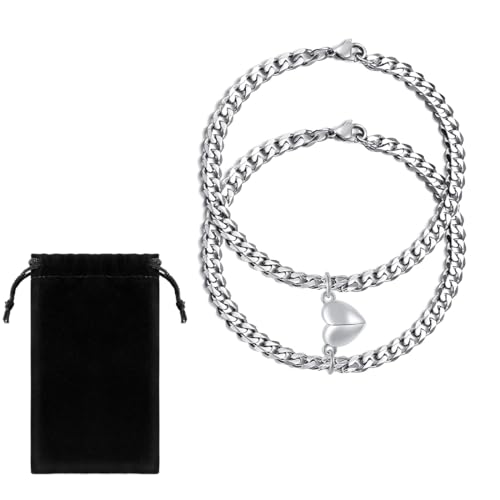 QIBZI Pulseras para hombre Pulsera de pareja magnética, pulsera a juego, pulsera de imán de acero inoxidable (pulsera de pareja de plata + 1 bolsa de terciopelo negro)