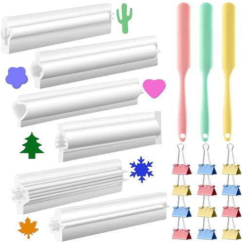 Ninehaoou 6 Pcs Long Tube Silicone Soap Embed Mold Set, 12" Column Soap Molds in Cactus Flower Heart Snowflake Maple Leaf Tree Shapes with 12 Binder Clips, 3 Spatulas, DIY Candle Making Candy Mold Kit