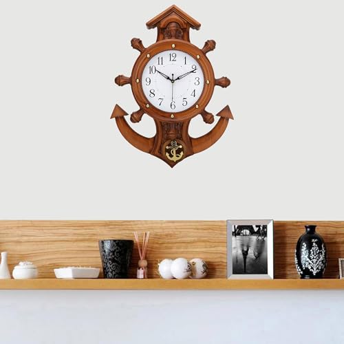 Image of Nautical Anchor Wall Clock, Wooden Design with Ship Wheel and Anchor Motif, Battery Operated (Brown)