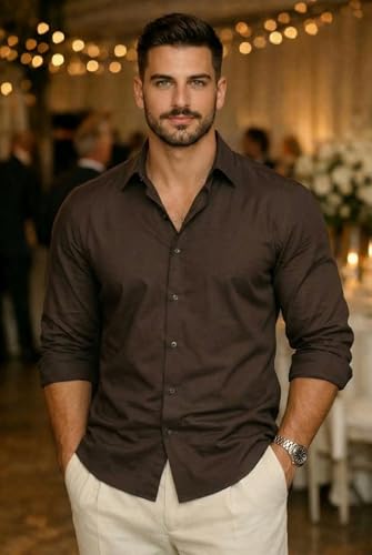 Image of IndoPrimo Men's Cotton Shirt with Stylish Full Sleeves Spread Collared Neck Solid Pattern Western Style Classic Fit and Standard Length | Casual Shirt for Man