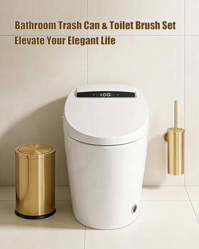 Image of 2.6Gallon Brushed Gold Bathroom Trash Can with Wall Mounted Toilet Brush Set /Stainless Steel Gold Garbage can with Swing lid Trash bin Wastebasket for Bedroom,Office,Kitchen,Powder Room