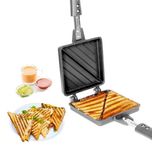 Image of Double Sided Sandwich Grill Pan | Non-Stick Toast Maker Aluminium Stovetop Toaster Gas Stove Flip for Bread Snacks Heat Resistant Handle Black (Jumbo-2 cut Toaster)