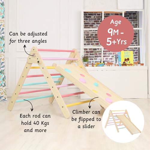Image of Ariro Pikler Triangle Climbing Frame with Two Sided Ramp | Adjustable Frame with Slide and Climber Ramp for Baby Boys and Girls | for 1yr to 3yr Toddlers | Holds Upto 40kg (Multicolor)