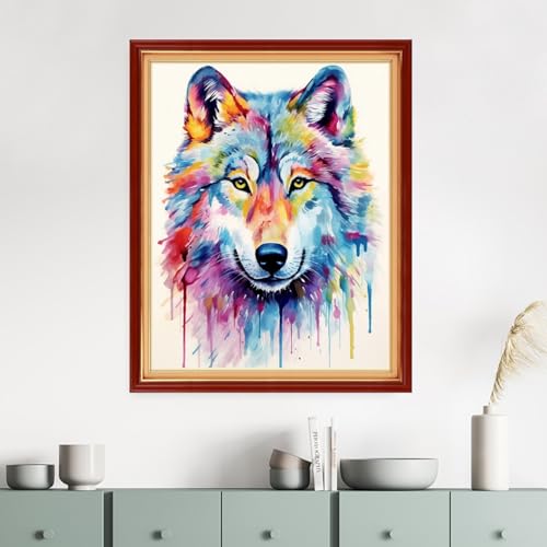 Image of Dimensean Stamped Cross Stitch Kits Full Range of Embroidery Patterns Starter Kits for Beginners Adult DIY Cross Stitches Needlepoint Kits 11CT-Rainbow Wolf 16x20 inch