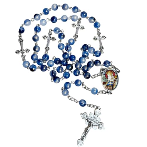Saint Margaret of Scotland Patron of Scotland Handcrafted Blue Crystal Rosary with Silver‑Plated Crucifix and Color Image Centerpiece – Cross Pater Nosters and Prayer Card Included