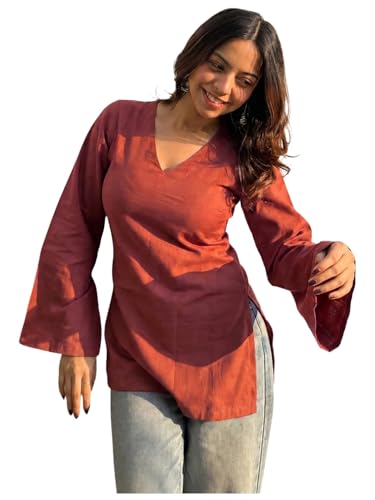 Image of ANNI Designer Short Kurti for Women Solid Design | V Neck Full Sleeve Kurti Tops for Women | Stylish Kurtis & Short Kurtis for Woman | Casual Kurti with Jeans | Kurtas for Woman
