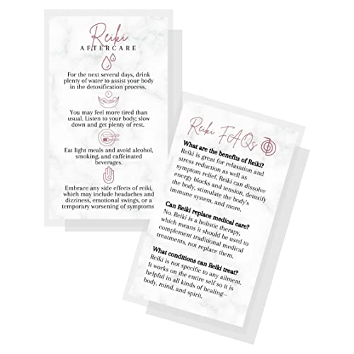 Reiki Aftercare and FAQ Client Cards | 50 Pack | 2 x 3.5” Business Cards for Practitioners to give After Session Marble Pink Mauve Bodice Spiritual Chakra Massage Therapy What to Expect from Reiki