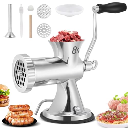 Picadora manual de carne, picadora de carne de acero inoxidable con platos, manivela sin esfuerzo para carne molida fresca, salchichas, comida para mascotas, compacta, apta para lavavajillas