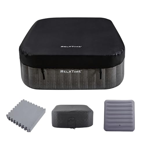 Inflatable Hot Tub 4 to 6 Person with Energy Efficient Cover, Square Portable Blow Up Hottub, 130 Air Jets Outdoor Spa, Built in Heater Pump, Spa for Relaxation, Cup Holder, 2 Filters, Black