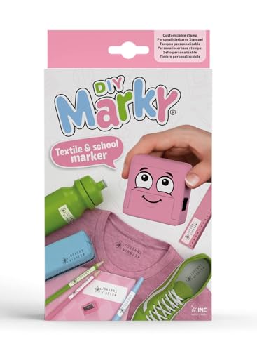 DIY MARKY - Customizable Stamp for Kids | for Children's Clothing and Items | Includes Ink for up to 1000 Impressions | Suitable for All Surfaces | Complete Set with Labels and Thermo Tape (Pink)