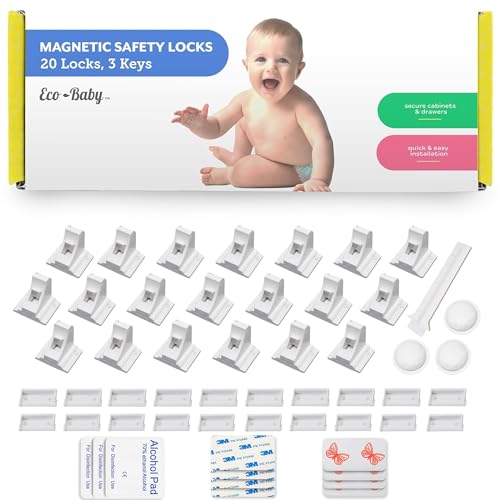 Image of Eco-Baby Magnetic Cabinet Locks for Babies - Keyless, White, 20 Pack and 3 Keys