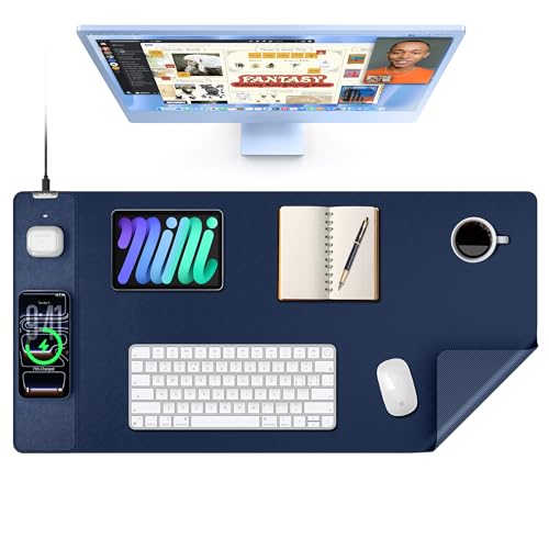 TopMade 15W Wireless Charging Leather Mouse Pad XXL Blue