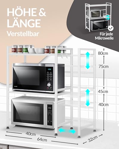 Heldenwunder Mikrowellenregal Küchenregal stehend Stahl (3-stufig) | Mikrowellen Regal Mikrowellenschrank | Vorratsregal Bäckerregal höhen & längenverstellbare Ablage + Videoanleitung, Haken - Weiß
