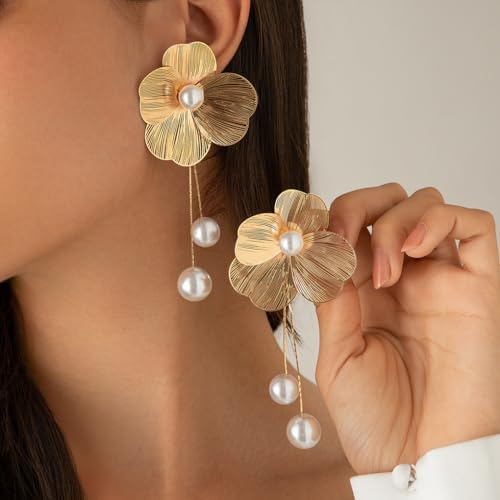 Flower Earrings for Women Dainty 14K Gold Freshwater Pearl Floral Dangle Earrings Long Pearl Ginkgo Leaf Drop Earrings Trendy Prom Jewelry Gifts4