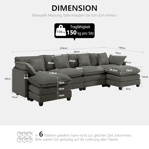 Urhanherry Sofa U Form, Bequeme Cloud Couch 6 Sitzer mit 2 Ottomane Sektionssofa, Atmungsaktivem Chenille-Stoff, Couch für Wohnzimmer Schlafzimmer, Dunkelgrau – Bild 3