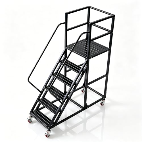 Image of 6 Step Rolling Warehouse Step Ladder, Industrial Mobile Staircase on Wheels, 1100Lbs Weight Capacity, Heavy Duty Mobile Platform Ladder with Handrails, Suitable for Warehouse, Library (Black, 6 steps)