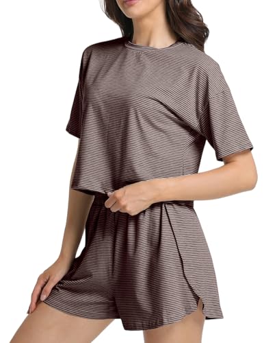 Image of Split Short Pajama Set Soft Women's Striped Pajama Sleeve Tee & Elastic Waist Shorts Summer Lounge Sleepwear