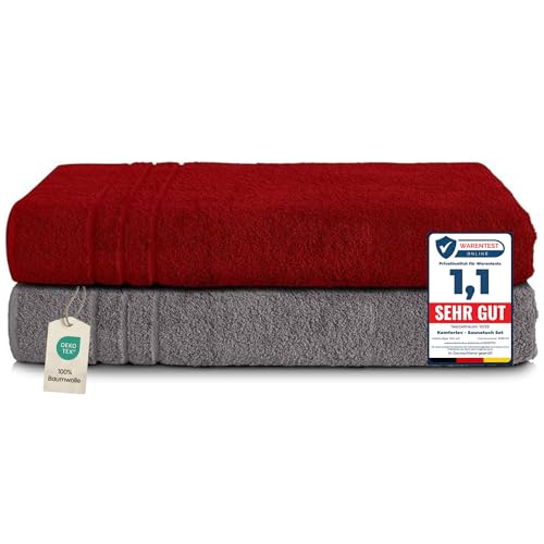 Komfortec 2er Saunatuch Set 80x200 cm aus 100% Baumwolle, XXL-Saunatücher, Sauna Handtuch, Weich, Groß, Frottee, Schnelltrocknend, Anhtrazit Grau/Aurorarot