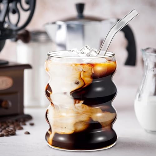 Image of SYANKA Premium Bubble Glass Sipper Can Set of 6, 510 ML, Transparent, Mason Jar Cup with Lid and Straw, Drinking Glasses for Smoothies, Iced Coffee, Boba Tea, Cocktails, Beer, Juice & Milkshakes