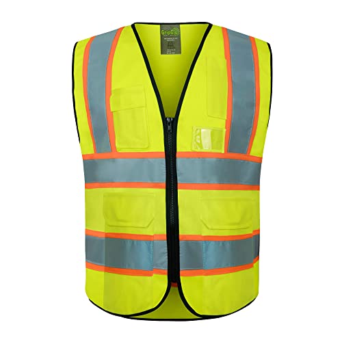 GripGlo Reflective construction Vest, Premium Quality Zipper, 6 Multi-Functional Pockets, Bright 2” Reflective Strips, Orange Trim for Maximum Visibility and Safety Size X-Large TLS-432