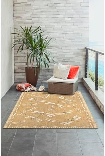 Liora Manne CARMEL Indoor/Outdoor Power Loomed Synthetic Blend Low Profile Area Rug - Transitional Border Garden Nature Decorative (Dragonfly Sand) (4'10" x 7'6")