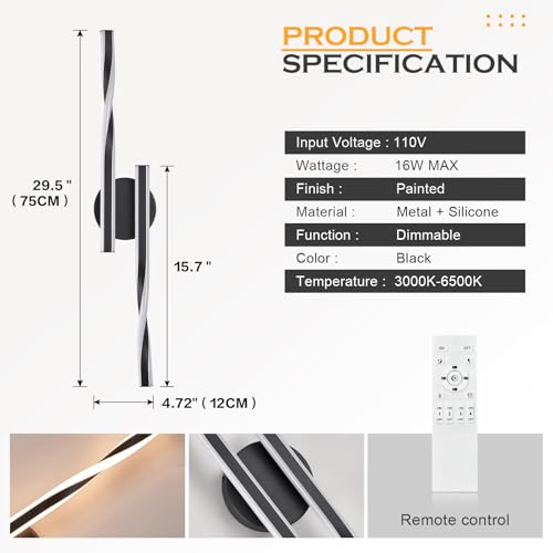 Image of Benkut Modern LED Vanity Light Bathroom Black Wall Sconce with Remote Control Modern Bathroom Wall Lighting Fixtures Over Mirror for Bedroom Bedside, Dining Living Room, Hallway (30Inch 3000K-6500K)