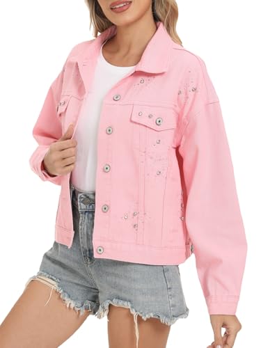 LifeShe Jean Jacket Women Rhinestone Denim Jacket Casual Sparkly Shacket Coats4