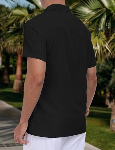 Men Short Sleeve Casual Button Down Shirt Lapel Collar Solid Beach Blouse4
