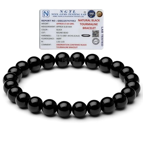 REBUY Black Tourmaline Stone Bracelet for Both Men and Women | Reiki Crystal Healing Bracelet Helps Protect Against Negative Energy | 8mm Bead Size, Adjustable (6.5" to 7"), Stone, Black Tourmaline