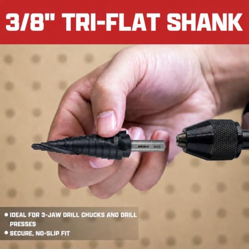 Image of NEIKO 10623B Step Drill Bit, 9 Steps 1 /2 inch to 1 inch Spiral M35 Cobalt, AlTiSiN Coated, 3 /8 inch Tri-Flat Step Bits for Steel, Metal, Wood, Plastic, Unibit Cone Drill Bits, Two Flute