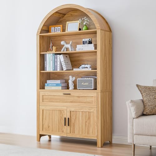 Turtle&Myrtle 73" H Large Arched Bookshelf，5-Tier Arch Bookcase with Doors，Mid