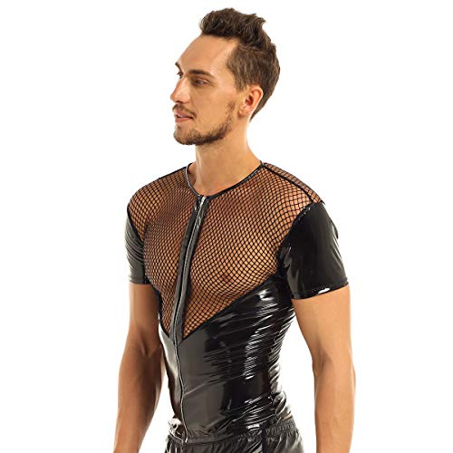 FEESHOW Herren Transparent Lack Leder Mesh Patchwork Shirt Wetlook Muskelshirt Tank Tops Schnürung Design Sexy Clubwear… – Bild 3