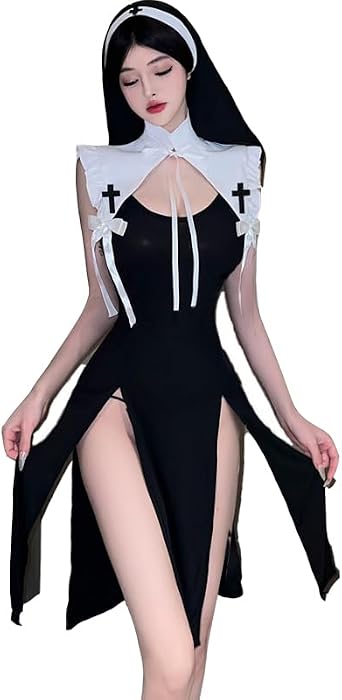 ZYTC Womens Sexy Nun Outfit Cosplay Anime Maid Outfit Goth Devil Roleplay Bodysuit Costume Fancy Nun Lingerie
