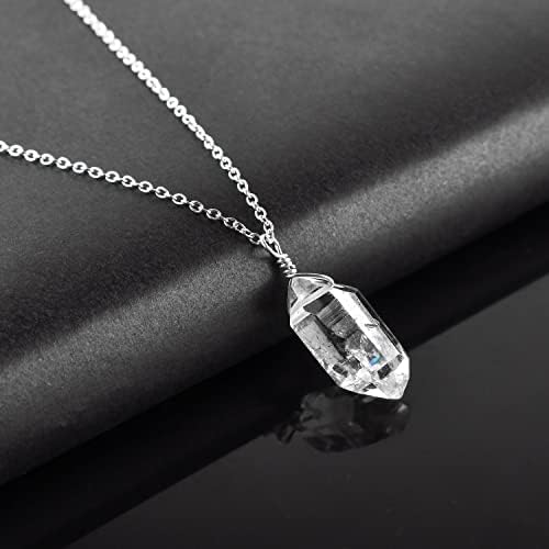 Natural Raw Herkimer Diamond Quartz Gemstone Pendant Necklace, Rough Solitaire Stones, 925 Sterling Silver, Rhodium Plated, Healing Crystals, April Birthstone, Women Jewelry, Christmas Gift, 20 inch
