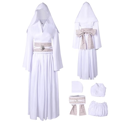 Disfraz de princesa Leia para mujer, vestido de cosplay, para adultos, color blanco, capa con cinturón, completo para Halloween o carnaval