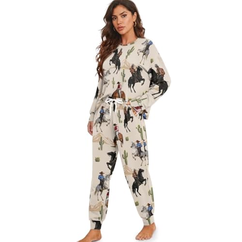 Image of Womens Lounge Set Long Sleeve Soft Pajama Sets Casual 2 Piece Pj Outfit Crewneck Sleepwear with Pockets Plus Size