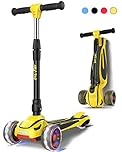LOL-FUN 3 Wheel Toddler Scooter for Kids Ages 3-8 Years Old Boy Girl, Foldable Kids Scooter with 4 Adjustable Height, Extra-Wide Childrens Kick Scooter with Lean-to-Steer and LED Flashing Wheels