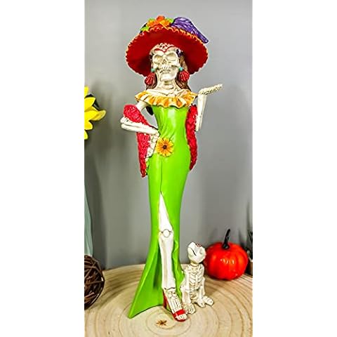 Ebros Gift Day of The Dead DOD Skeleton Lady Fiona with Green Cocktail Gown Figurine 12.5" Tall High Fashion Diva and Her Skeletal Pooch Dog Statue As Ossuary Macabre Graveyard Halloween Decor Cover