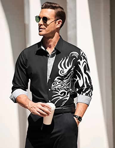 Coofandy Men's Print Button Down Dress Shirt Fashion Long Sleeve Casual Shirts, Black 1, 3X Large #TOP1