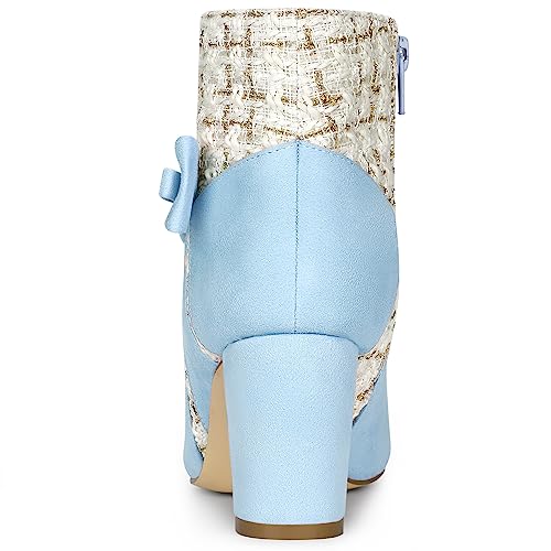 Allegra K Allegra K Women's Tweed Plaid High Heel Boots Bow Chunky Heels Sky Blue Ankle Boots 10 M US
