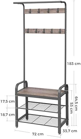 Vasagle HSR40MG Coat Rack Shoe Rack with Seat / Clothes Rack with 9 Removable Hooks / Bench 2 Grid Shelves 183 cm High Industrial Design Grey