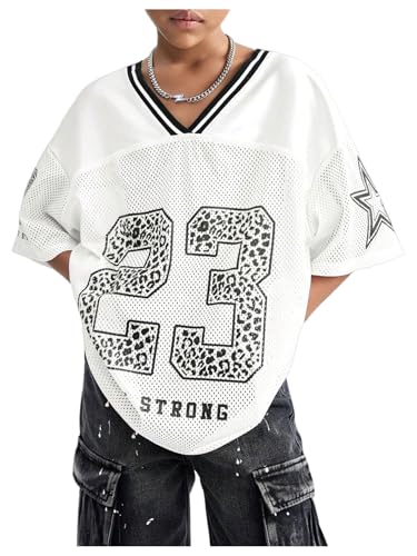 Image of Floerns Girl's Jersey Shirt Printed Oversized Short Sleeve Mesh Tee Shirts V Neck Sport Jersey Shirts