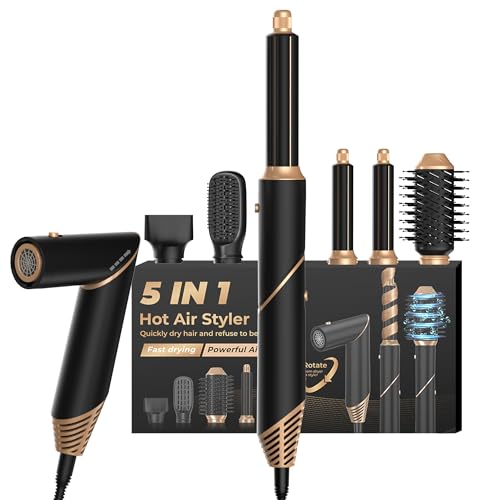 OKWRAP Secador Pelo Ionico 5 en 1 Cepillo Secador de Pelo con 5 Accesorios para el Peinado Cepillo Alisador Pelo Rizador Pelo Ondas Secador de Pelo Moldeador Pelo Caja Regalo para Mujer, Negro